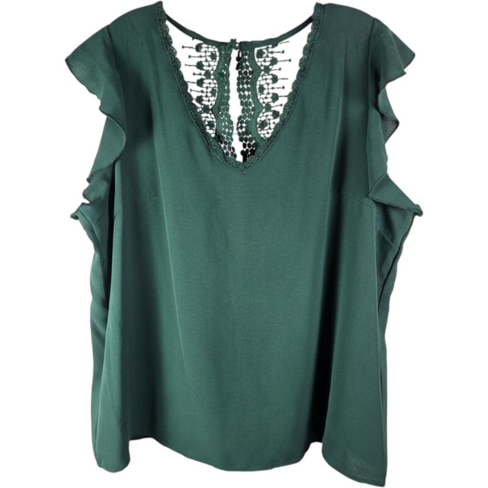 Shein Curve Blouse Women 2XL Green Ruffle Sleeve Crochet Lace Back V-Neck Top